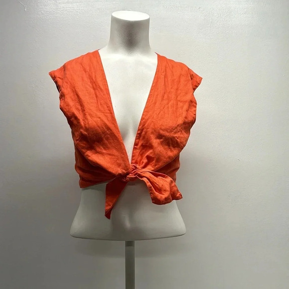 Miguelina Marcy Crop Top Cropped Tie Front Pure Linen Short Sleeve Red S Small - Picture 2 of 9